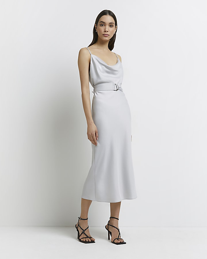 Silver satin cowl neck midi dress | River Island (UK & IE)