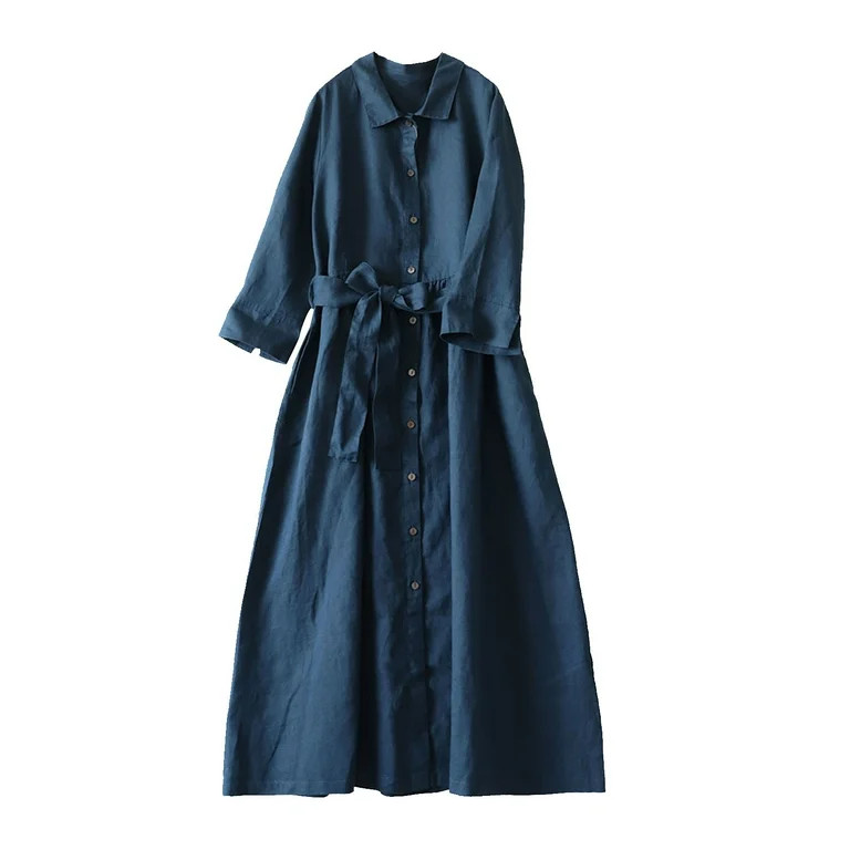 Ladies Button Down Long Shirt Dress Cotton Linen Plain Casual 3/4 Sleeve Collared Summer Midi Dre... | Walmart (US)