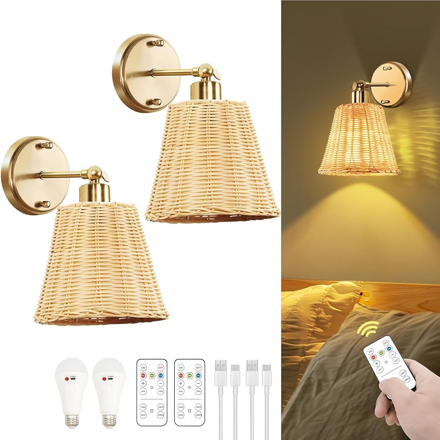 Frideko Rattan Rechargeable Battery Operated Wall Sconces Set of Two with Remote, 3 Colors Dimmab... | Amazon (US)