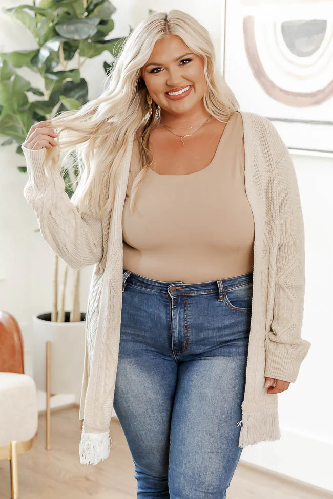 No Second Thoughts Beige Belted Fringe Hem Cardigan | Pink Lily