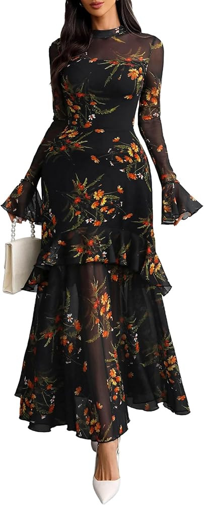 GothDark Womens Floral Maxi Dress Sheer Mesh Bell Sleeve Tiered Ruffle Gothic Romantic Casual Lon... | Amazon (US)