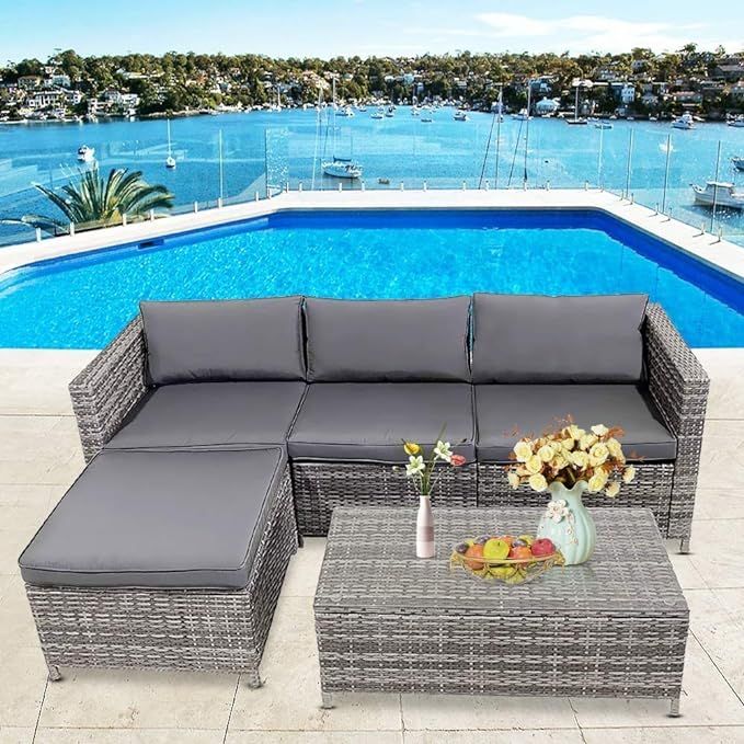 HCWORLD 5 Pieces Patio Furniture Set, Outdoor Rattan Sectional Sofa Conversation Set with Cushion... | Amazon (US)