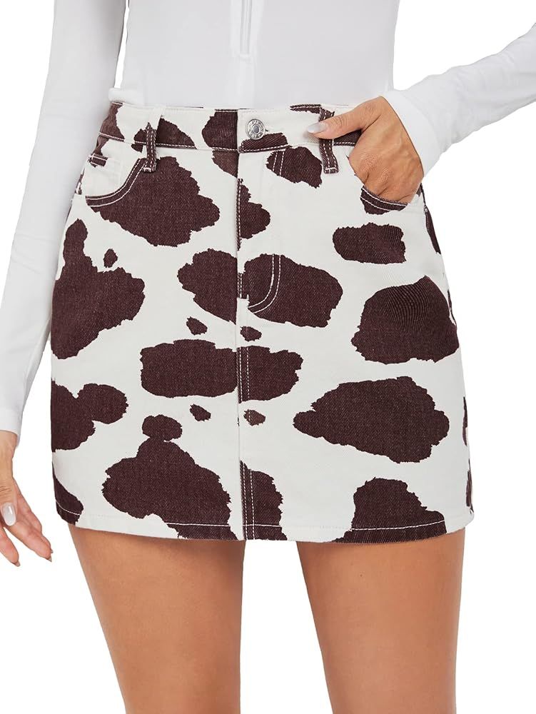 MakeMeChic Women's Cow Print High Waist Mini Denim Skirt | Amazon (US)