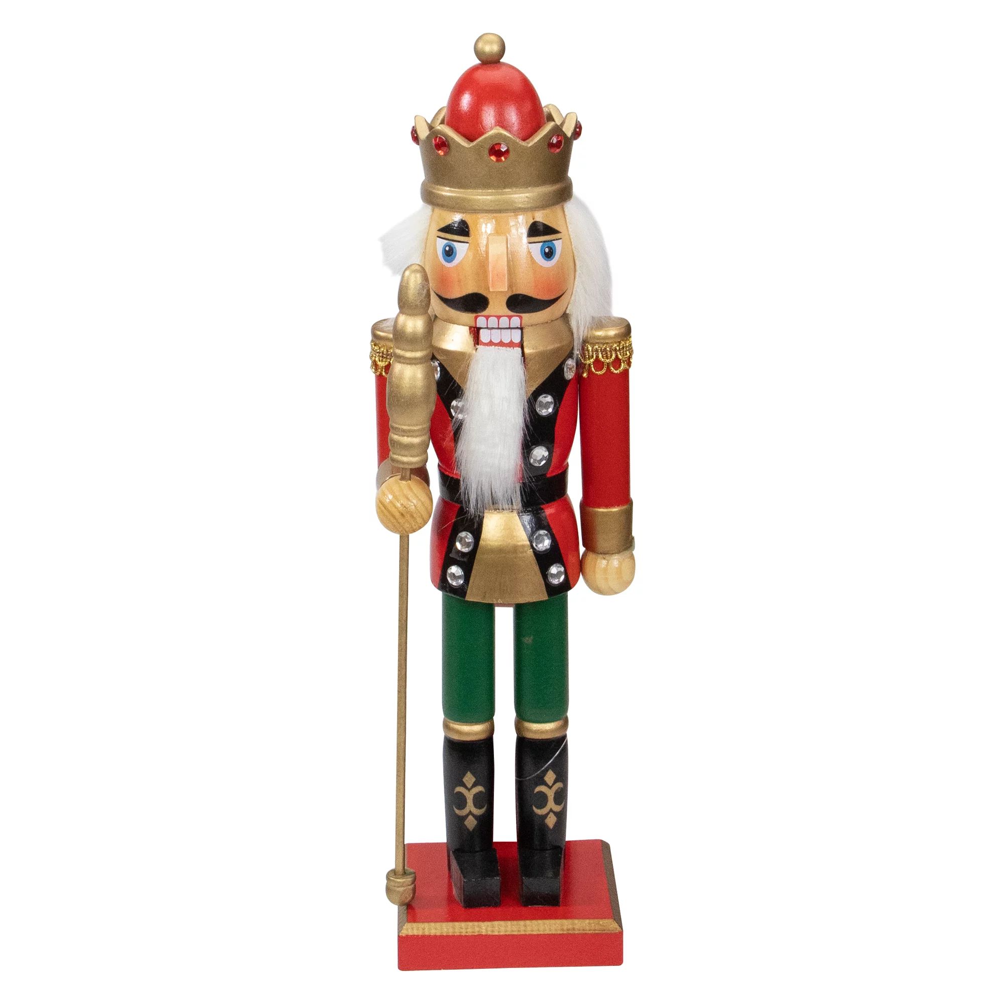 14" Decorative Red Green and Gold Wooden Christmas Nutcracker King with Scepter | Walmart (US)