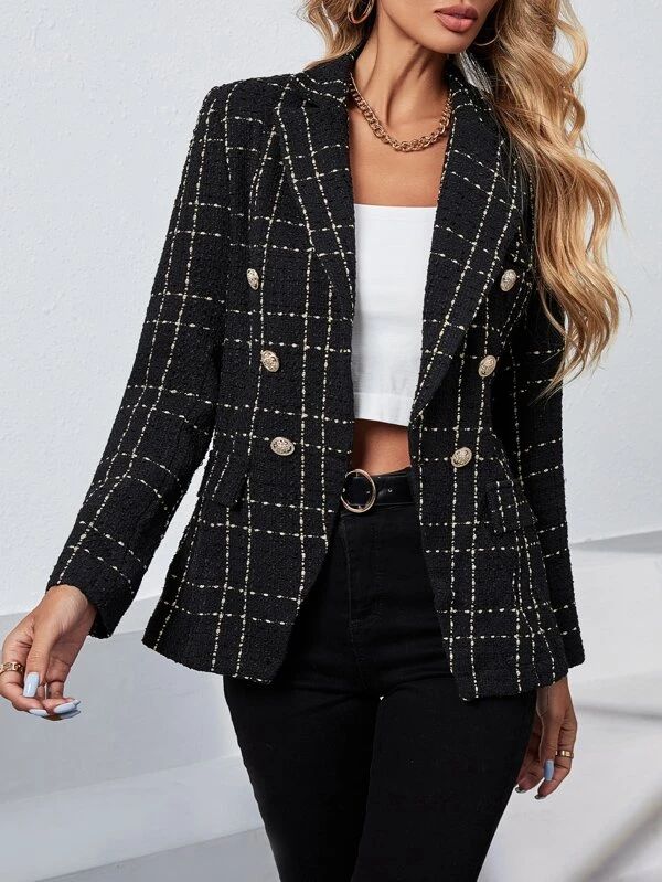 HomeWomen ClothingWomen SuitsWomen BlazersDouble Breasted Plaid Tweed Blazer | SHEIN