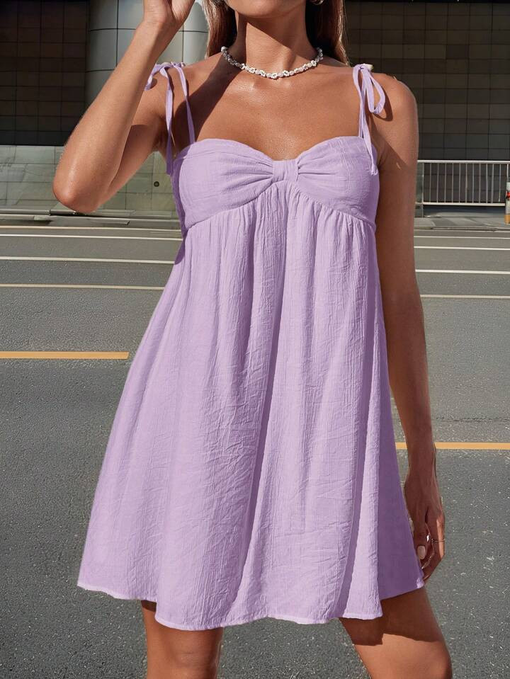 SHEIN EZwear 1pc Women Solid Color Ruffle Loose Mini Cami Babydoll Dress,Lavender Dress | SHEIN