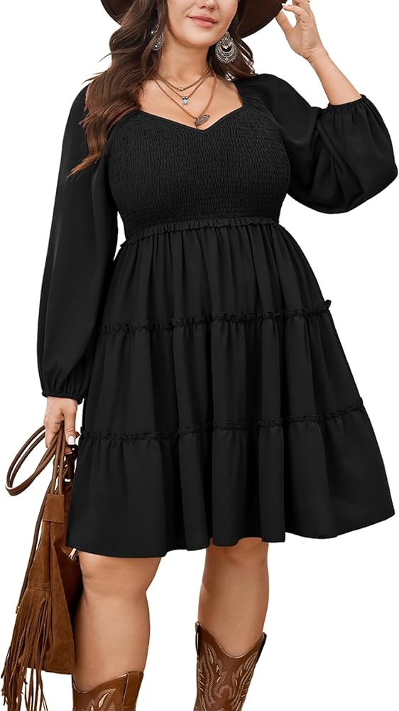Plus Size Smocked Fall Mini Dress for Curvy Women Long Sleeve Tiered Flowy A-Line Cute Short Dres... | Amazon (US)