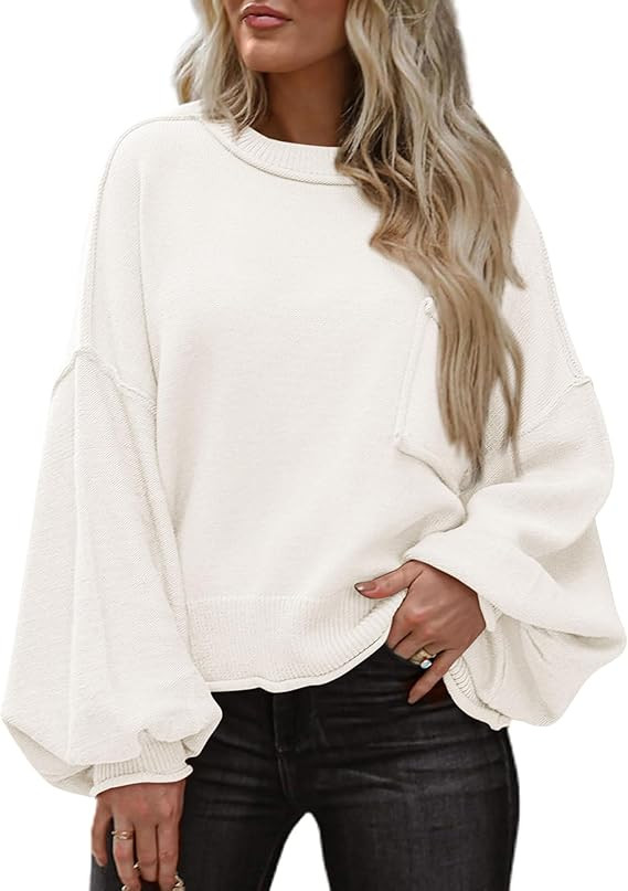 BTFBM Women's Oversized Lantern Long Sleeve Sweaters Casual Crewneck 2024 Fall Winter Outfits Rib... | Amazon (US)