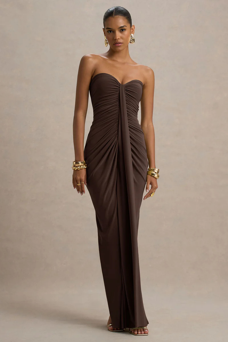 Ali  Brown Sweetheart Ruched Wrap Maxi Dress | Club L London