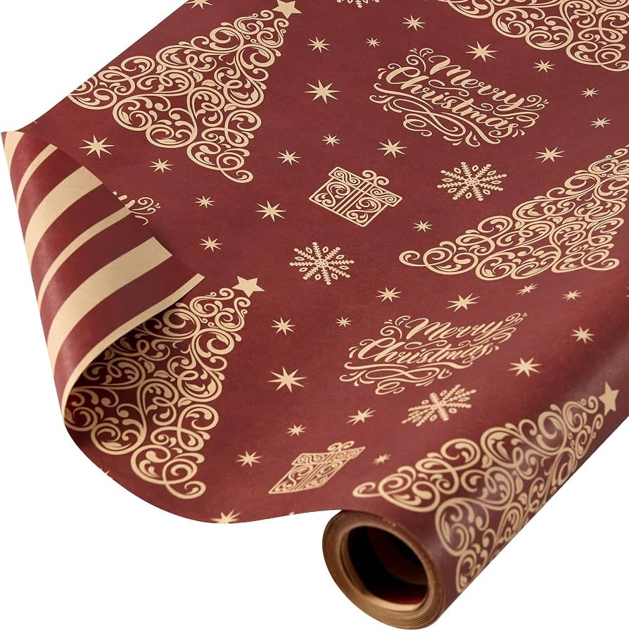 EWES Kraft Christmas Wrapping Paper Rolls, Brown Vintage Retro Gift Wrap, Elegant Aesthetic Patte... | Amazon (US)