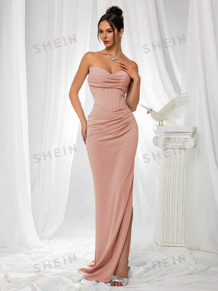 VIPGIRL Blue Strapless Slit Elegant Women Evening Party Dress | SHEIN USA | SHEIN