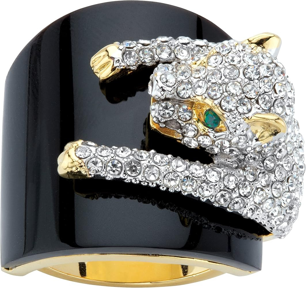 PalmBeach Yellow Gold-Plated Natural Black Onyx and Round Green Crystals Leopard Ring Sizes 6-10 | Amazon (US)