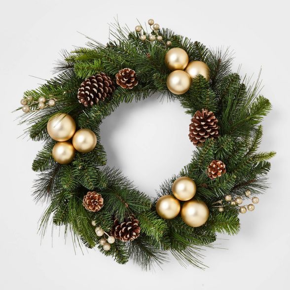 28in Artificial Christmas Wreath Champagne Clustered Shatterproof Ornaments with Pinecones and Go... | Target