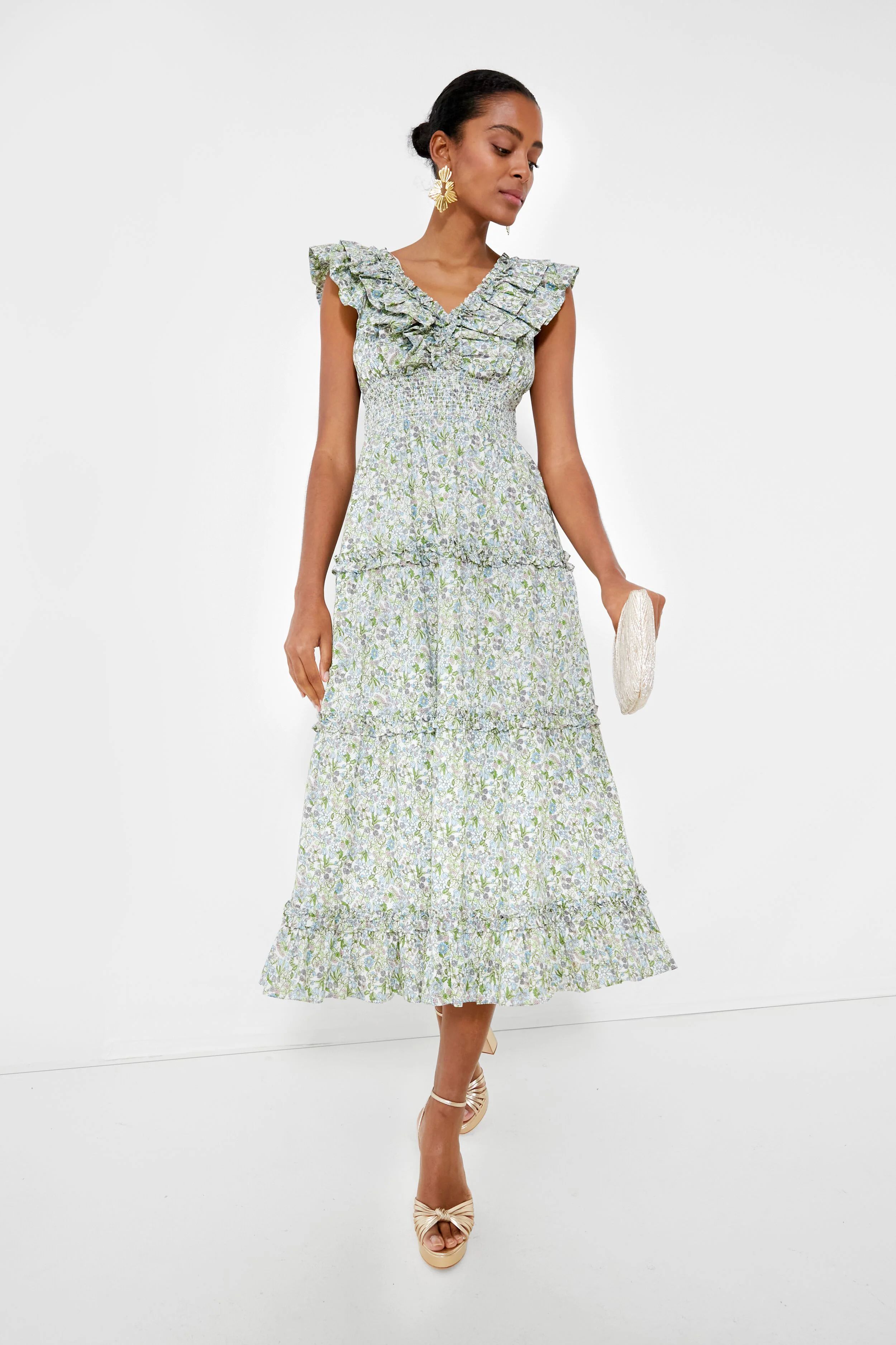 Green Floral Ruffle V-Neck Rhodes Midi Dress | Tuckernuck (US)