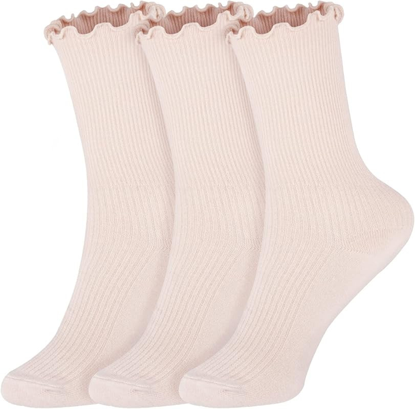 Joyingtwo Womens Ruffle Socks High Ankle Socks Cute Lettuce Trim Socks Solid Color Casual Socks | Amazon (US)