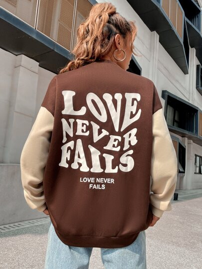 Slogan Graphic Drop Shoulder Two Tone Bomber Jacket | SHEIN
