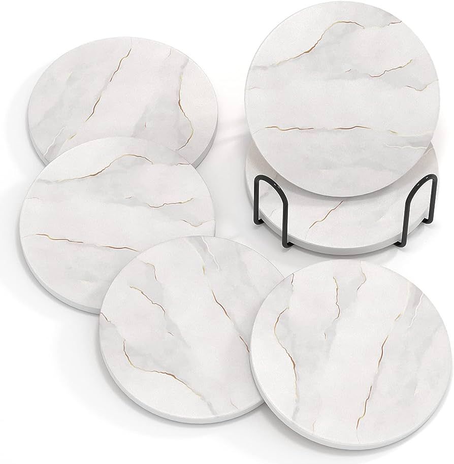 BUYAOBL Drink Coasters with Holder, Absorbent Drink Coasters Set 6 Pcs, White Marble Ceramic Agat... | Amazon (US)