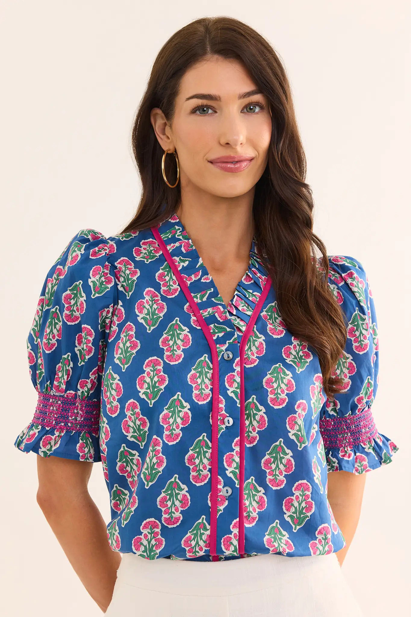Navy Printed Smocked Detail Top | Avara