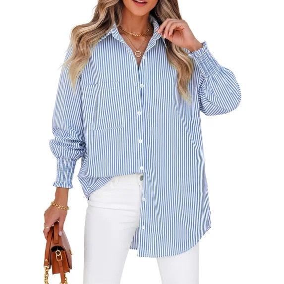 Fantaslook Striped Button Down Shirts for Women Smocked Cuffed Trendy Blouse Causal Long Sleeve T... | Walmart (US)