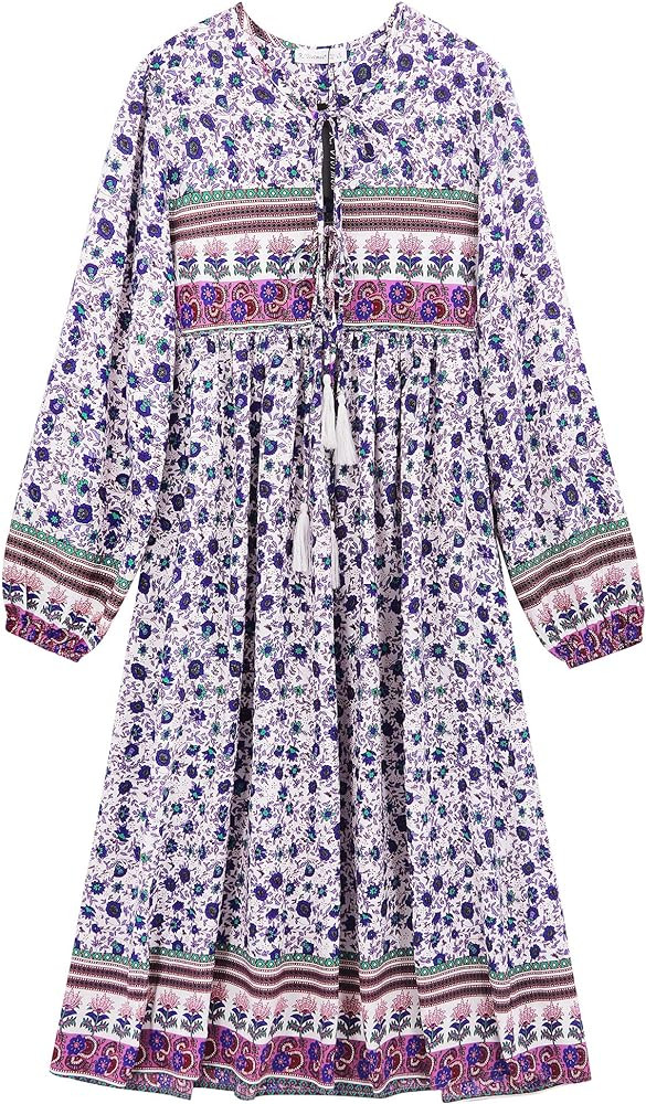 R.Vivimos Women's Long Sleeve Floral Print Retro V Neck Tassel Bohemian Midi Dresses | Amazon (US)