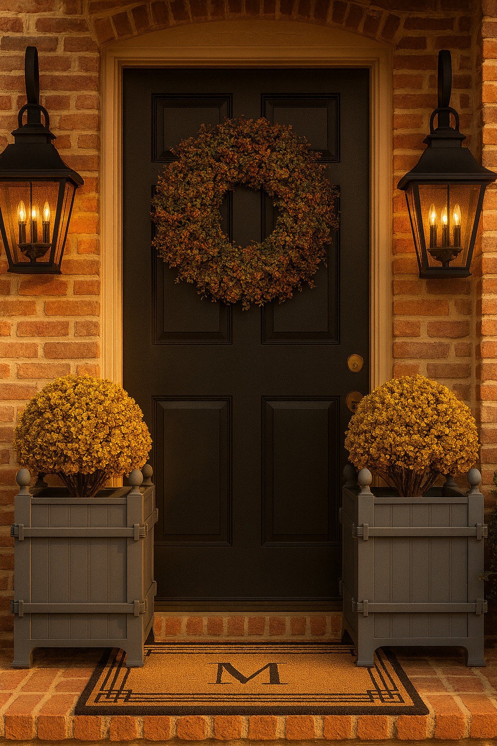 Front door design. Own and love these faux mums for planters. Also own these lantern lights!  

 

#LTKHome