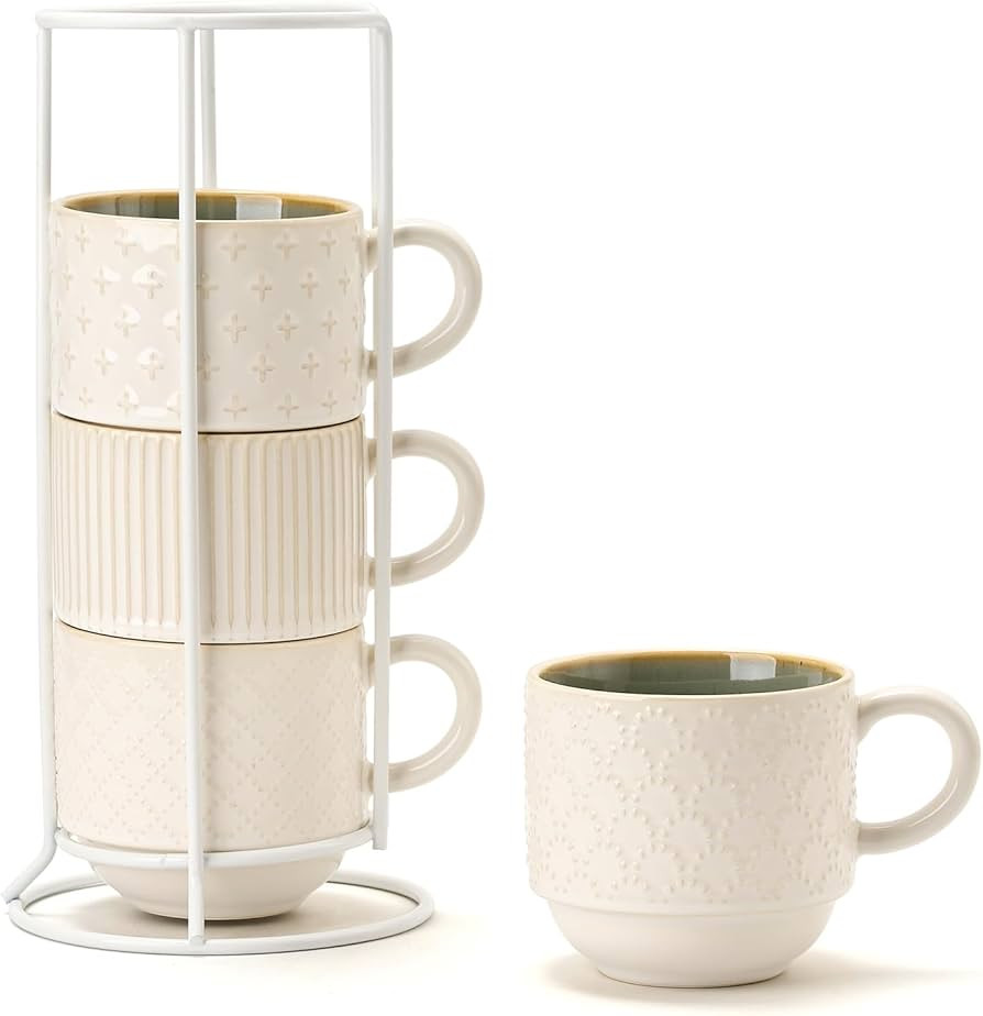 JIEMEI HOME Large Ceramic Coffee Mug Set of 4 with Stand, 15 Oz Stackable Different Embossment Ri... | Amazon (US)