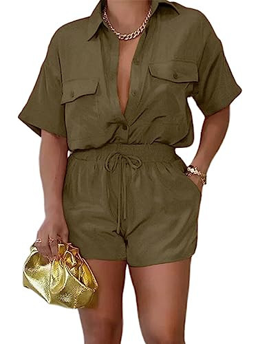 2 Piece Outfits for Women Summer Short Sleeve Button Down Tops Blouses Shirts and Shorts Set with Pockets Romper Beach Wear Army Green L | Amazon (US)