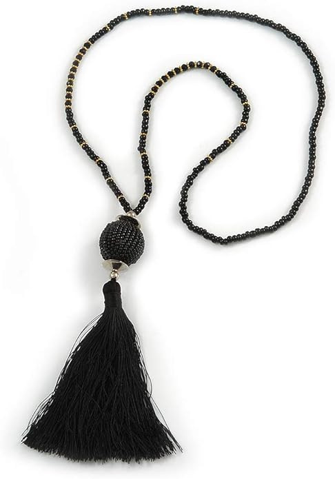 Avalaya Stylish Black Glass Bead Cotton Tassel Necklace/ 72cm L/ 14cm Tassel | Amazon (UK)