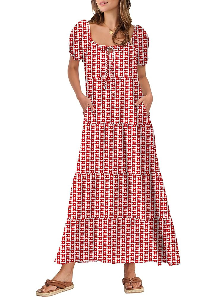 ANRABESS Women's Boho Maxi Dresses 2025 Summer Casual Floral Puff Short Sleeve Tie Front Flowy Sw... | Amazon (US)