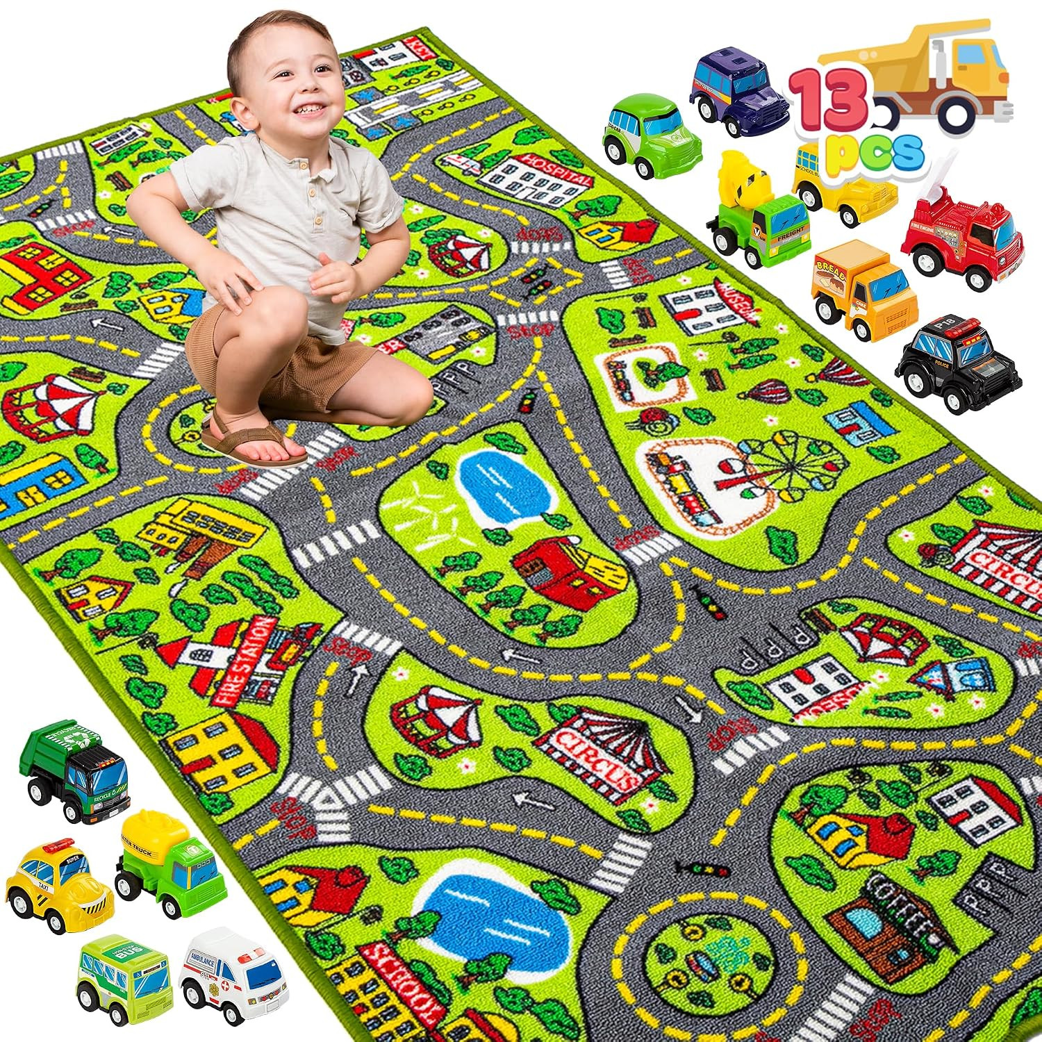 JOYIN Kids Play Rugs - 12 Pull-Back Vehicle Set - Durable Carpet Playmat Rug - City Pretending Play - Kids Car Track Rug | Amazon (US)