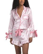 2pc Long Sleeve Satin Ruffle Bow Print Top And Shorts Pajama Set | TJ Maxx