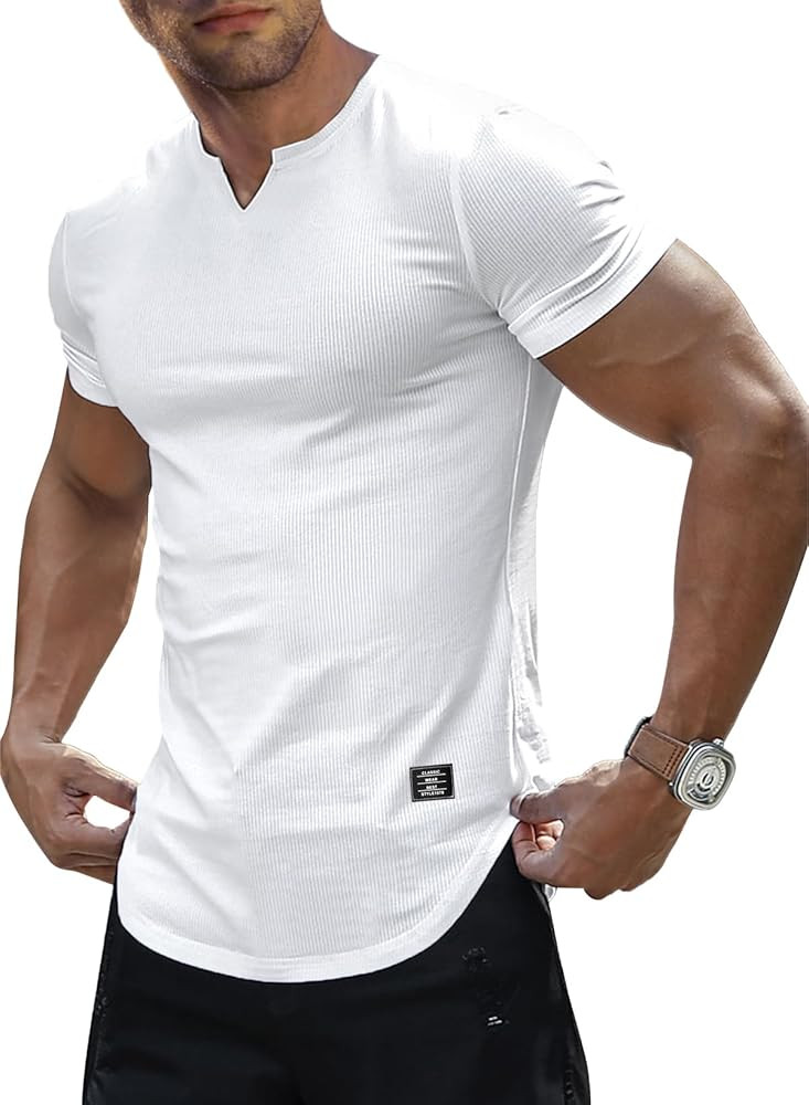 JMIERR Mens Muscle Slim T Shirts Texture V Neck Longline Henley Gym Workout Athletic Tee Shirt | Amazon (US)