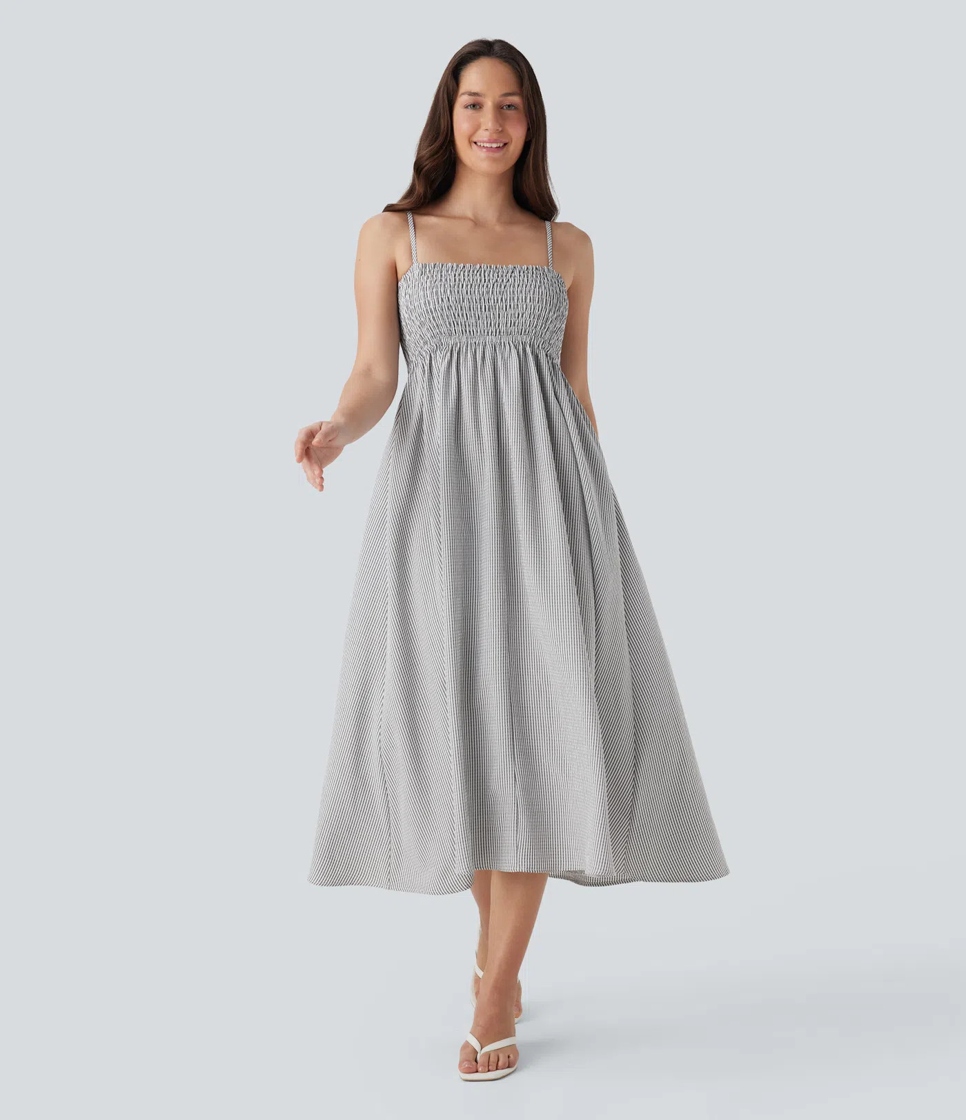 Women’s Shirred Stripe Midi Slip Dress with Pockets - Halara | HALARA