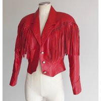Vintage Pioneer Wear Red Leather Cropped Jacket Fringed Motorcycle Biker Coat Cowgirl Rockabilly Hip | Etsy (US)