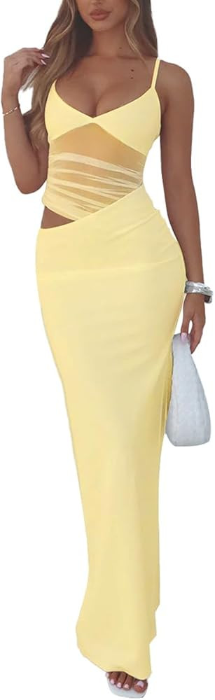 Women's Sexy V Neck Spaghetti Strap Bodycon Maxi Dress Backless Mesh Cut Out Cocktail Long Formal... | Amazon (US)