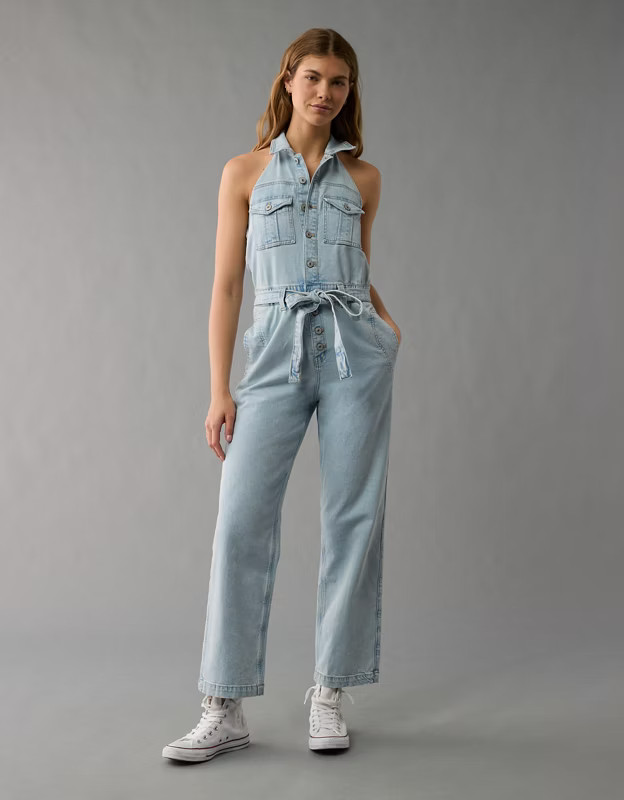 AE Denim Collared Halter Jumpsuit | American Eagle Outfitters (US & CA)