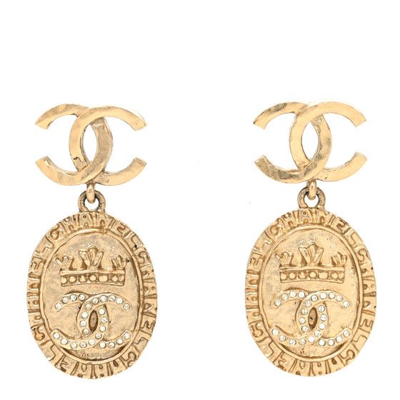 Crystal CC Medallion Drop Earrings Gold | FASHIONPHILE (US)