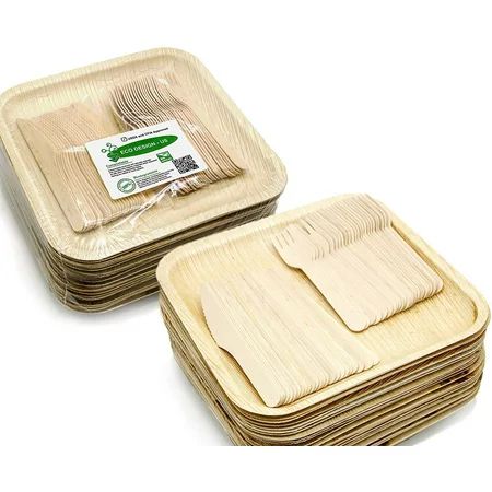 Party Set of 150 Eco-Friendly Dinnerware - 50 Large Square 10"" Palm Leaf Plates, 50 Wood Forks, 50  | Walmart (US)