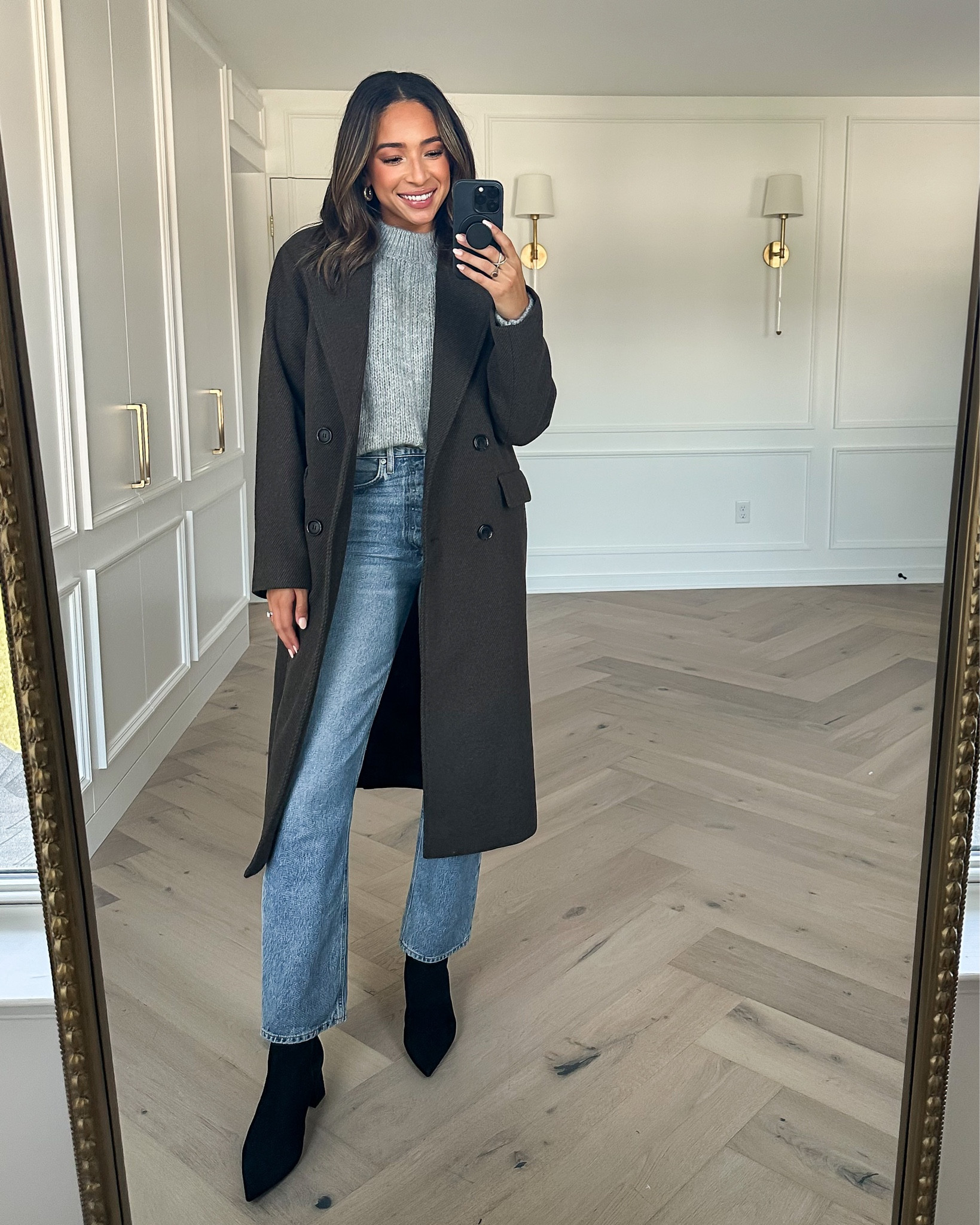 Nordstrom anniversary sale outfit 🖤 wearing a small in long top coat (oversized fit), small in grey crewneck sweater (tts), 25 in light wash denim (runs large) and black suede ankle booties (run small).

#LTKstyletip #LTKunder100 #LTKxNSale