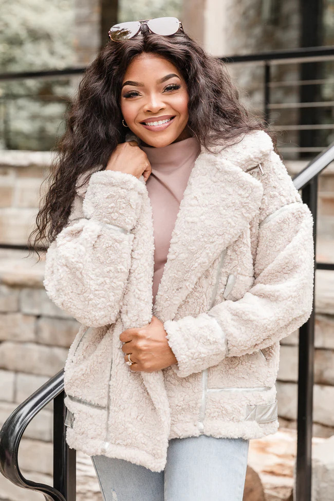 All Your Reasons Beige Sherpa Moto Jacket | Pink Lily