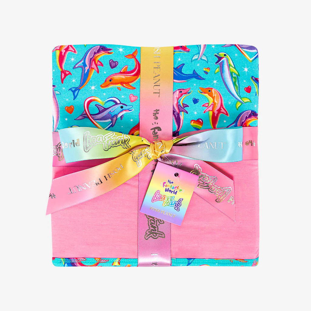 Dolphins Blue Reversible Baby Blanket | Lisa Frank® Dancing Dolphins™ & Lisa Frank® Pink | Posh Peanut