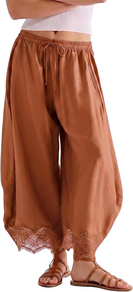 SeeLuNa Comfy Women's Pants Cropped Lace Hem Pants Summer Boho Drawstring High Rise Wide Leg Lounge Trousers with Pockets | Amazon (US)