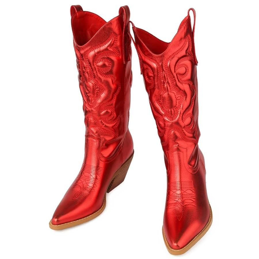 VARECOLA Cowboy Boots for Women Pull On Chunky Heel 5cm Stitching Cowgirl Boots Wide Calf Western... | Amazon (US)