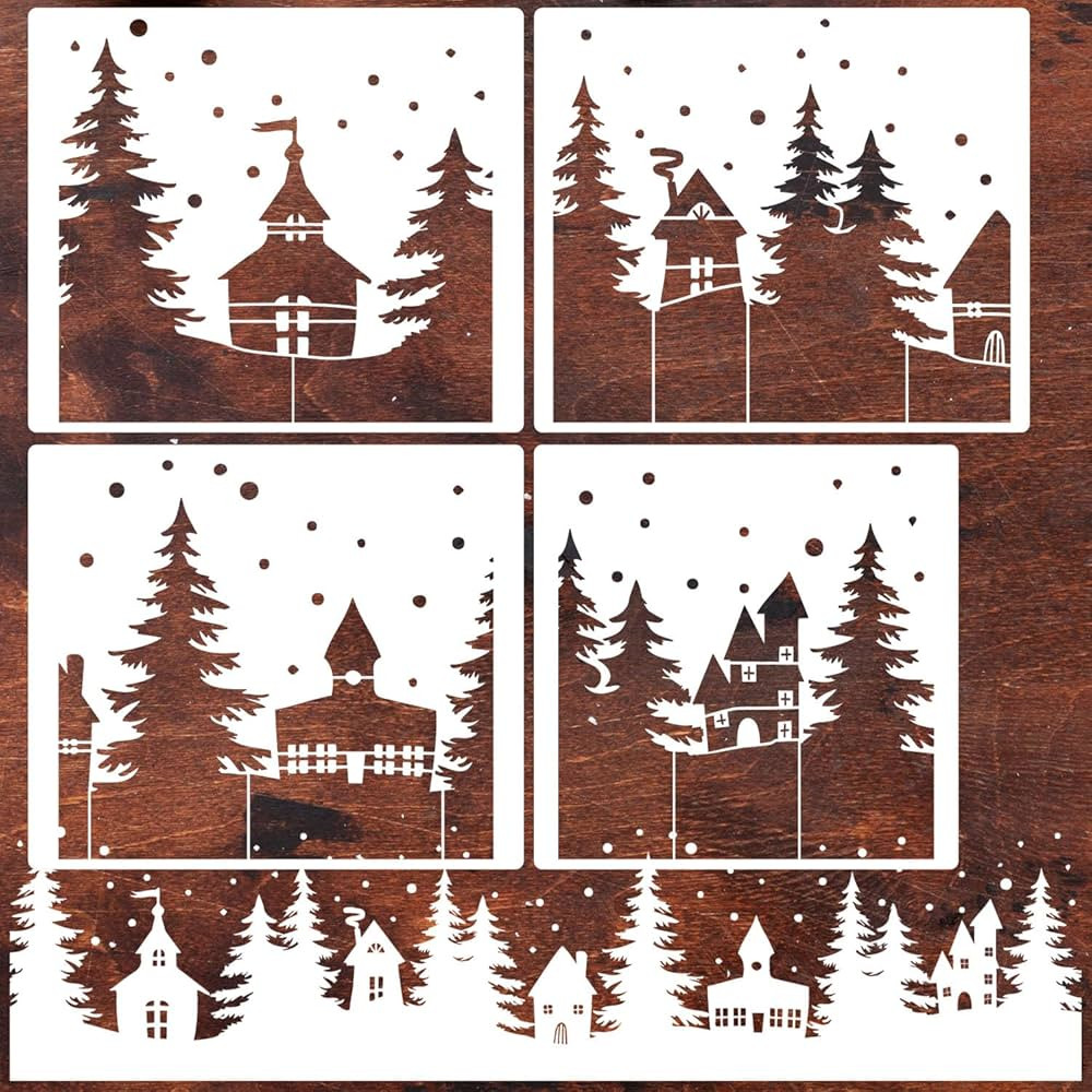 Christmas Stencils for Window Glass Large Christmas Village Stencil for Wood Christmas Tree House... | Amazon (US)