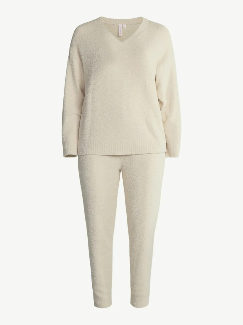 Joyspun Women's Fuzzy Knit V-Neck Top and Joggers Set, 2-Piece, Sizes XS-3X | Walmart (US)