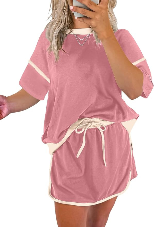 EVALESS Women's 2 Piece Sets Summer Casual Short Sleeve Tops Matching Drawstring Mini Skirt Going... | Amazon (US)