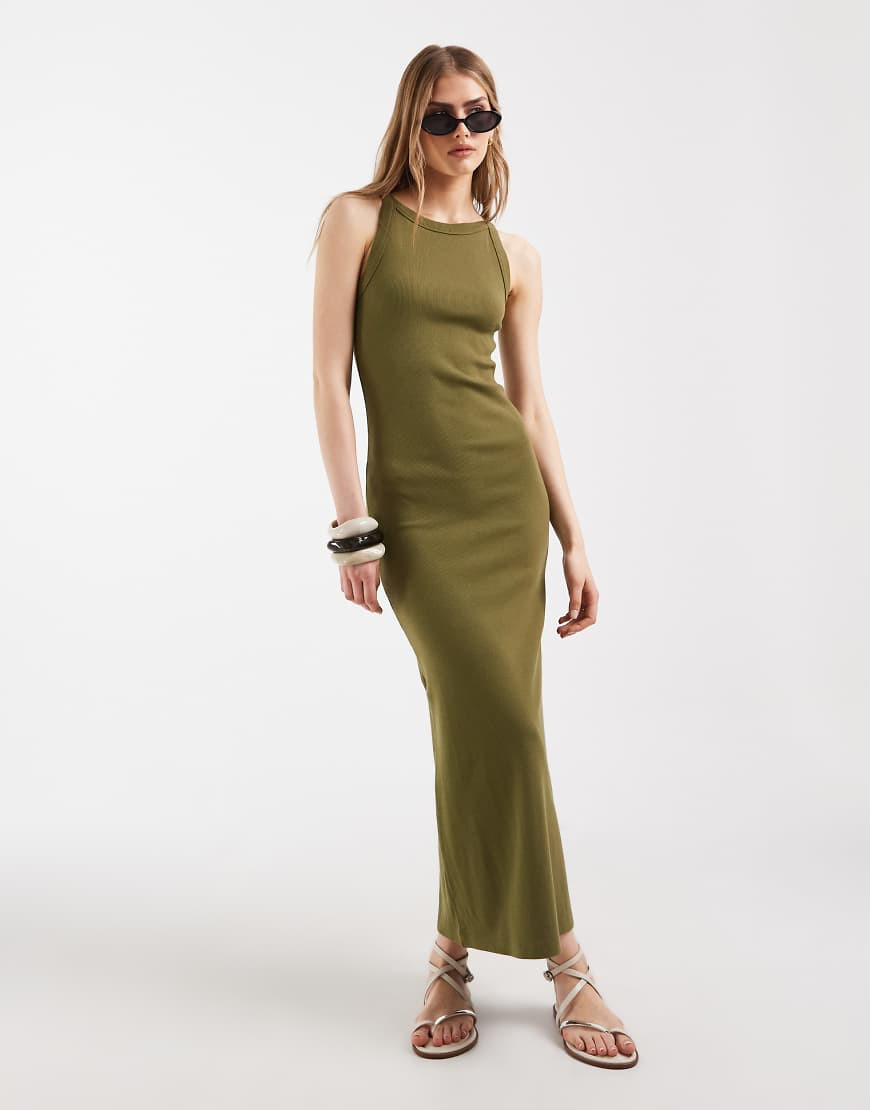 ASOS DESIGN ribbed tank midi dress in khaki-Green | ASOS (Global)
