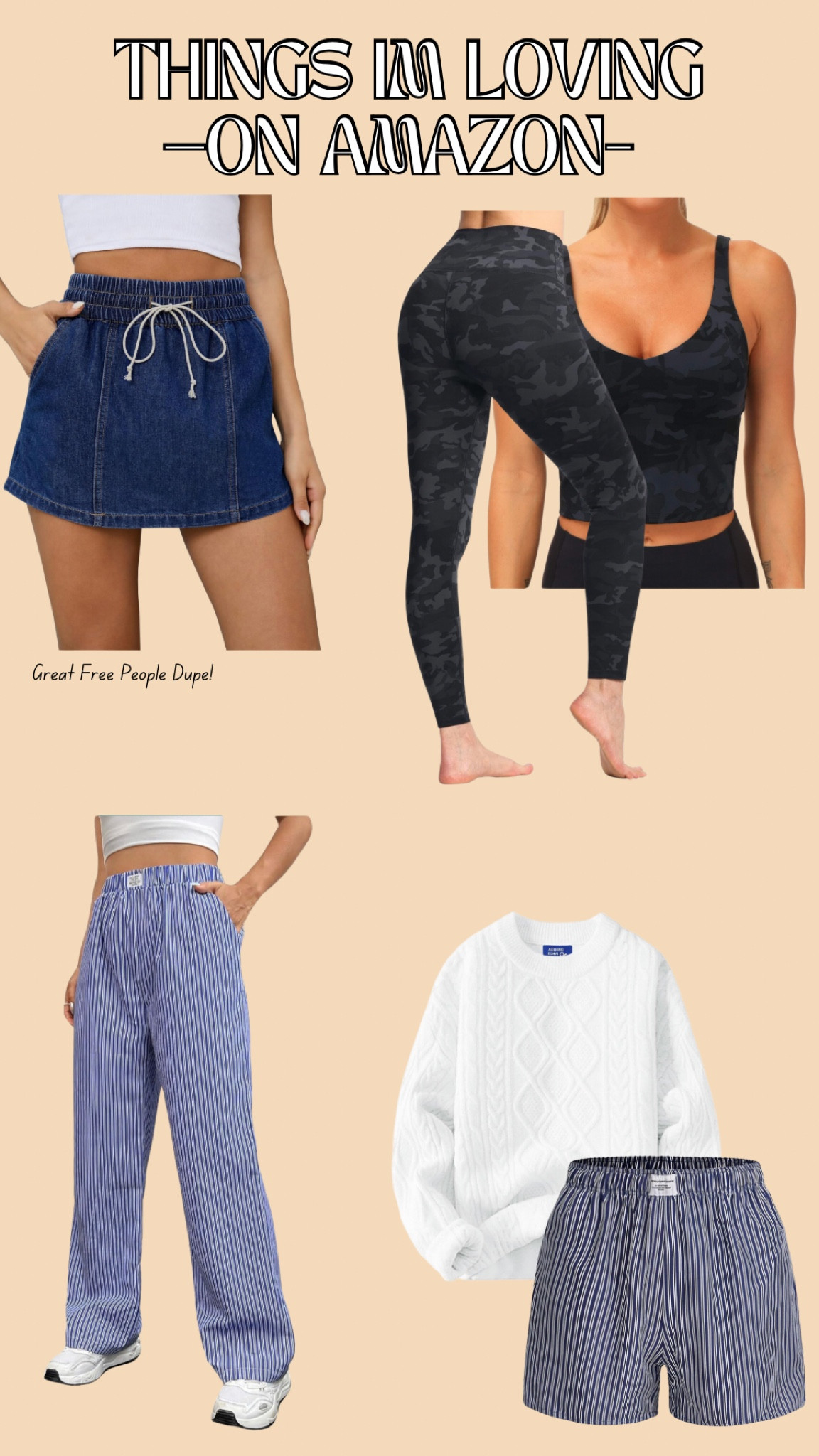 FP Skort Dupe - Size Small (runs small)
Camo Leggings - Size Small
Camo Tank - Size Medium 
Boxer Pants - Size Small 
Sweater - Small (very oversized) 
Boxers - Small 



#LTKSeasonal #LTKfindsunder100 #LTKActive