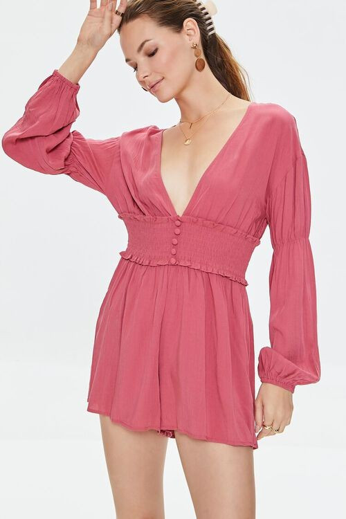 Plunging Ruffled Smocked Romper | Forever 21 (US)