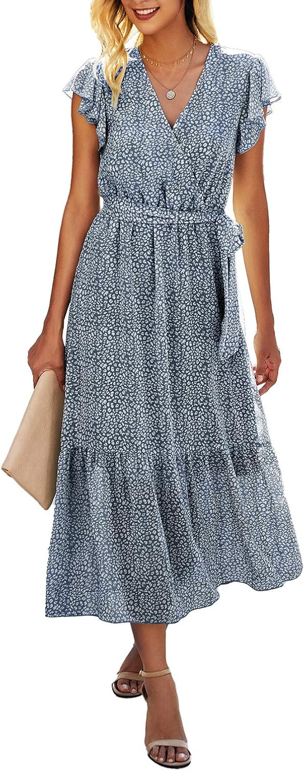 BTFBM Women Summer Bohemian Floral Casual Wrap V Neck Ruffle Cap Sleeveless Belt A-Line Pleated H... | Amazon (US)